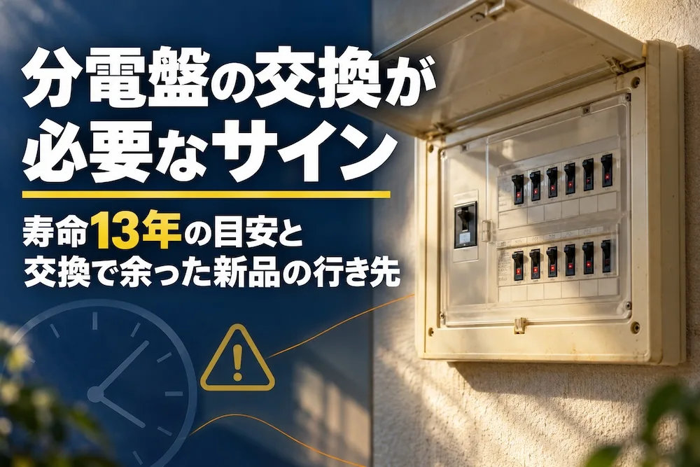 分電盤の交換が必要なサイン。壁に取り付けられた扉の開いた住宅用分電盤と、交換時期を表す時計と注意マークのイメージ