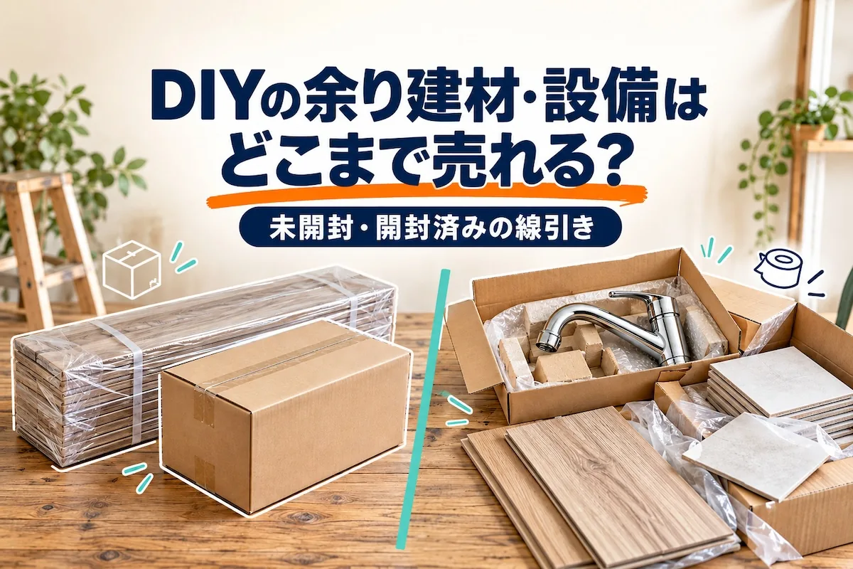 DIYの余り建材・設備はどこまで売れる？梱包されたままの床材や段ボール箱と、開封済みの水栓・タイル・床材を並べたイメージ