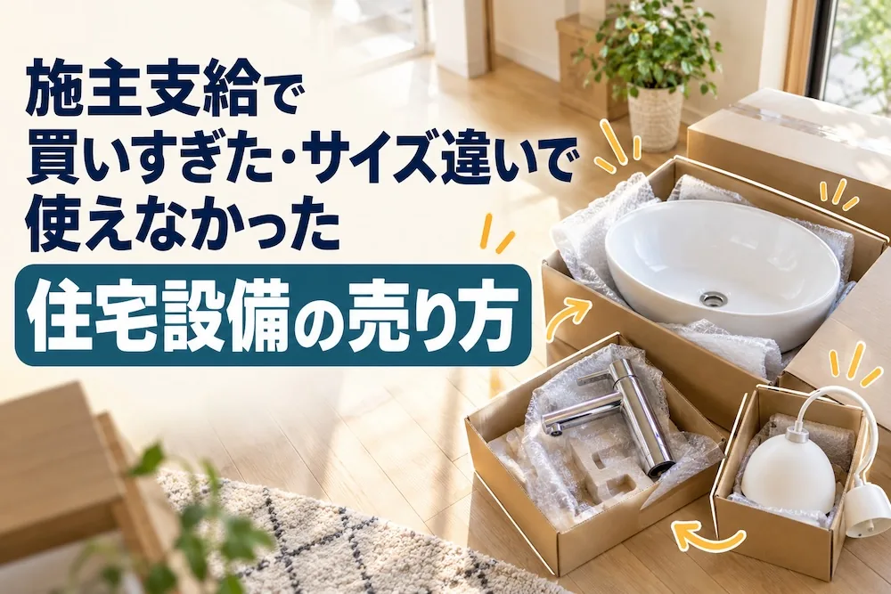 施主支給で買いすぎた・サイズ違いで使えなかった住宅設備の売り方。外箱に入ったままの洗面ボウル・水栓・照明器具が床に並んだイメージ