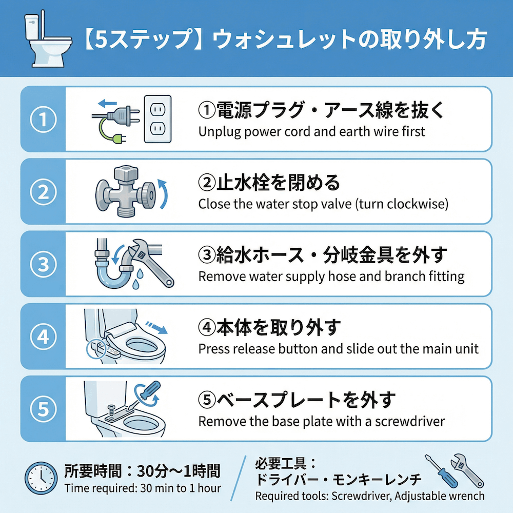 【5ステップ】ウォシュレットの取り外し方