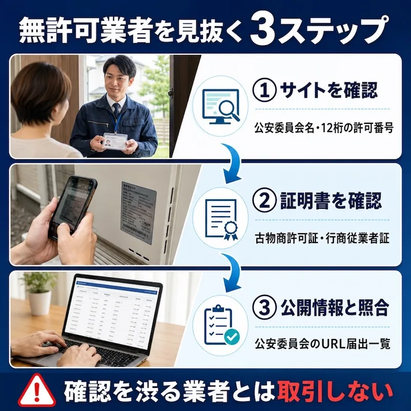 無許可業者を見抜く3ステップ（サイト確認・証明書確認・公開情報との照合）